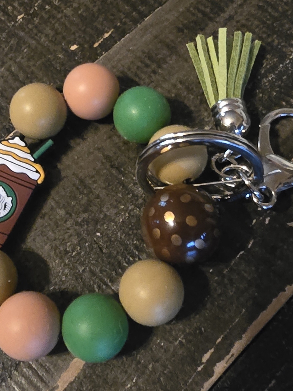 Beaded Keychain Bracelet with Green, Pink and Tan Beads